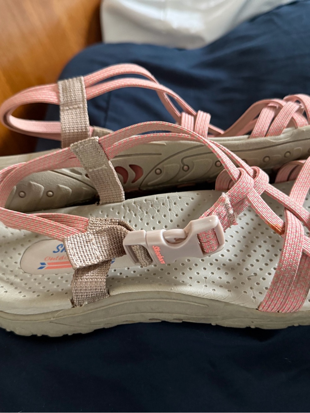 Skechers Taupe Slide Sandals with Coral Sole Accents